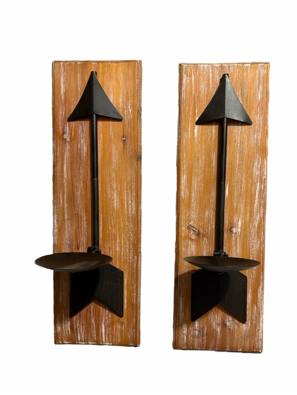 Set of 17” Metal Arrow Candle Holder Sconces on Weathered Wood Look Back